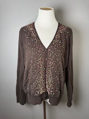Embellished V-Neck Cardigan Sweater - Brown with Multicolor Dots